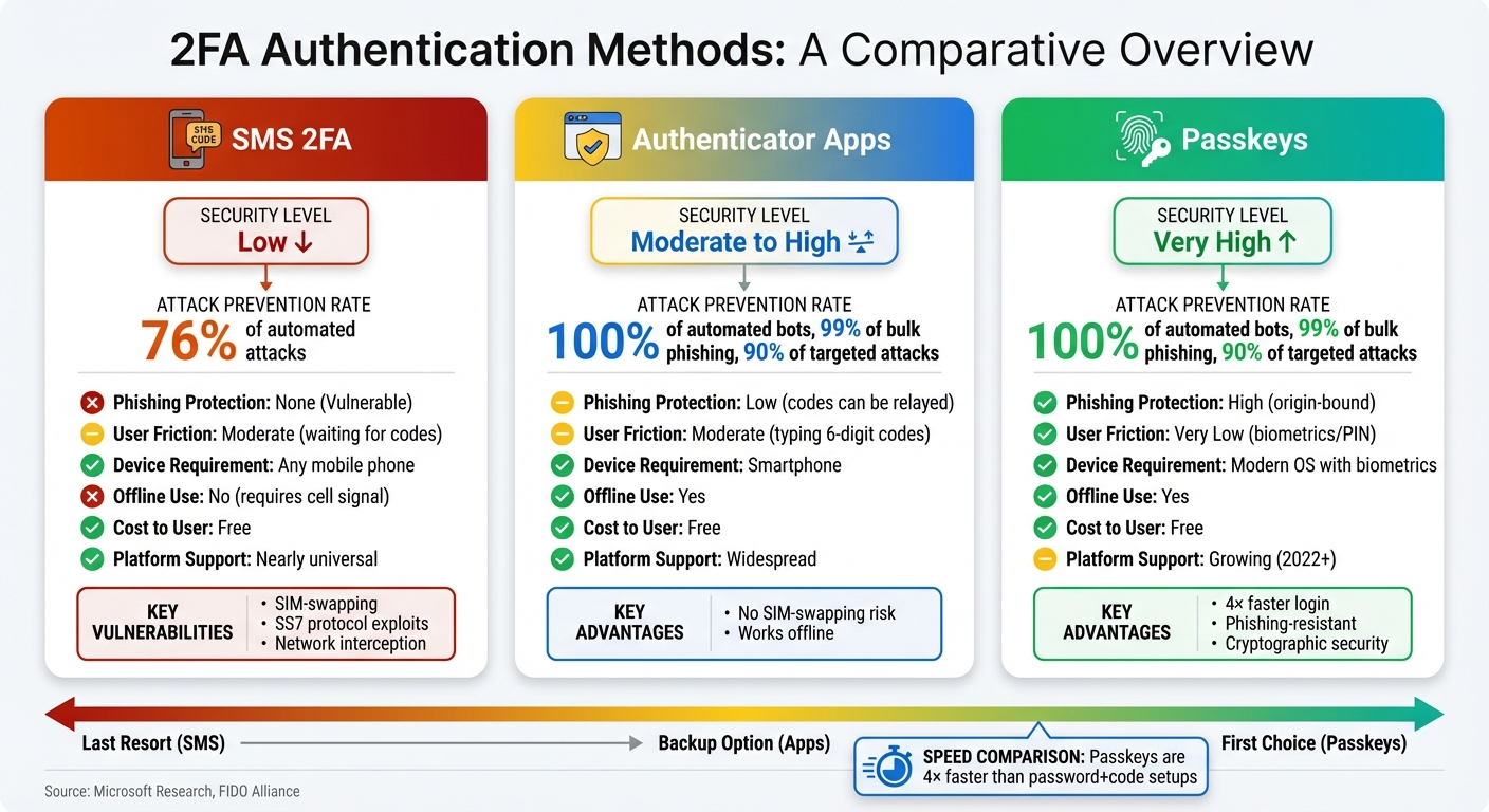SMS 2FA vs Authenticator Apps vs Passkeys Security Comparison