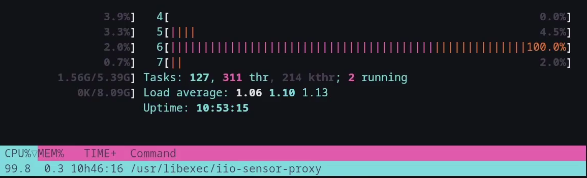 htop: iio-sensor-proxy al 100% su un core