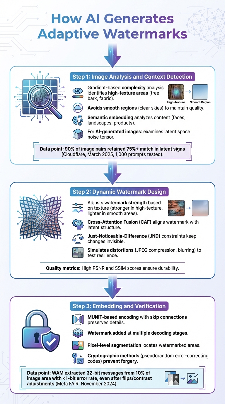 How AI Creates Adaptive Watermarks: 3-Step Process
