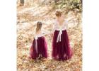 Burgundy Wine Tulle Flower Girl Dress, White Lace Long Sleeve Wedding Dress for Girls, Floor Length 