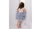 Bohemian Dusty Blue Grey Tulle Flower Girl Dress, Boho Lace Wedding Dress for Toddler Girls