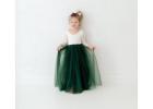 Hunter Green Boho Flower Girl Dress, White Lace Long Sleeve Tulle Ball Gown, Dark Teal Wedding Dress